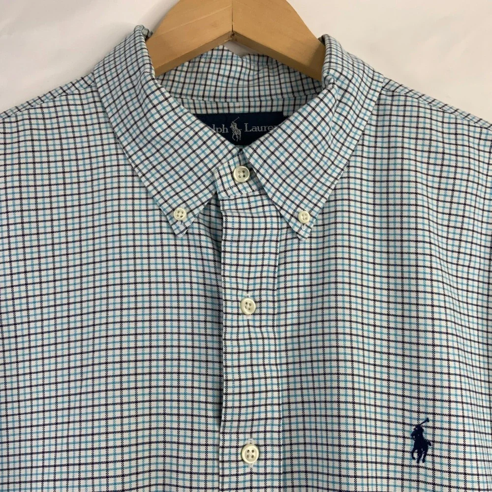 Polo Ralph Lauren Mens XXL Custom Fit Button Down Shirt Blue Micro Check Pony